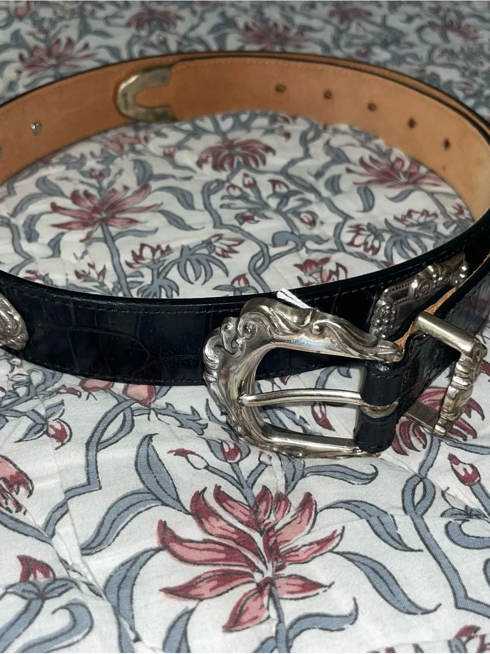 Brighton Black Croc-Embossed Leather Belt with Silver Decorative Buckle